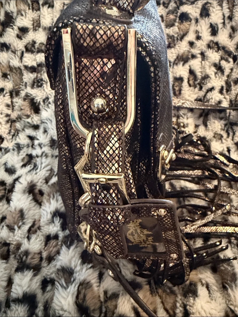 Christian Audigier Metallic Snake-Print Fringe Crossbody Bag in Brown and Gold